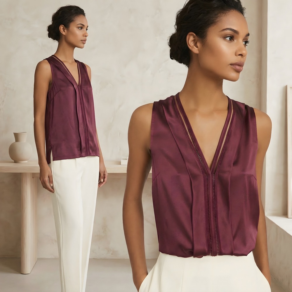 REISS Womens S Burgundy Silk Blend Sleeveless V-Neck Blouse NWT